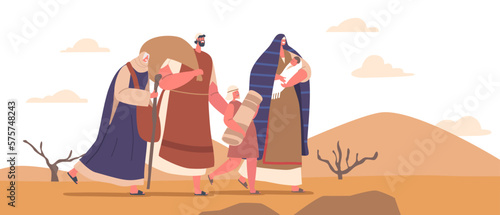 Group Of Adult And Kid Israelite Characters With Belongings Walking Through Desert With Mountainous Terrain