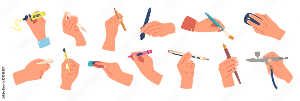 Obraz premium Set of Human Hands Holding Various Writing Tools Such As Stylus, Pen, Crayon Or Marker, Quill Pen, Brush, Eraser, Pencil