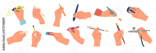Set of Human Hands Holding Various Writing Tools Such As Stylus, Pen, Crayon Or Marker, Quill Pen, Brush, Eraser, Pencil