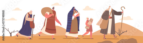 Moses Guides Israelites Through Desert, Character With Raised Staff In Hand Leads People To Promised Land Illustration