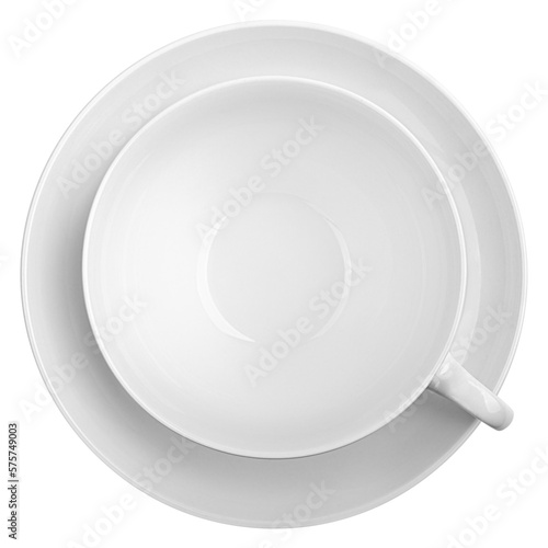 empty cup with plate, isolated on white background, clipping path, full depth of field