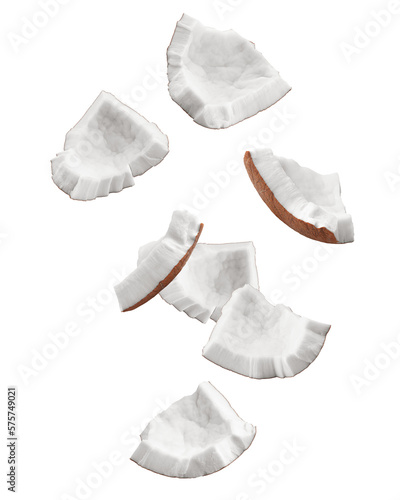 Falling coconut, isolated on white background, full depth of field photo