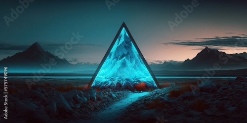 Blue Light Triangle in Glacial Landscape With Ice Background. Generative AI.