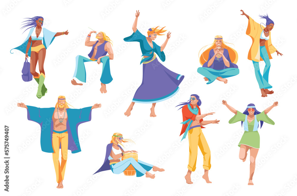 set of hippie people characters isolated on white background. Wonderful, love and peace. Vector flat illustration