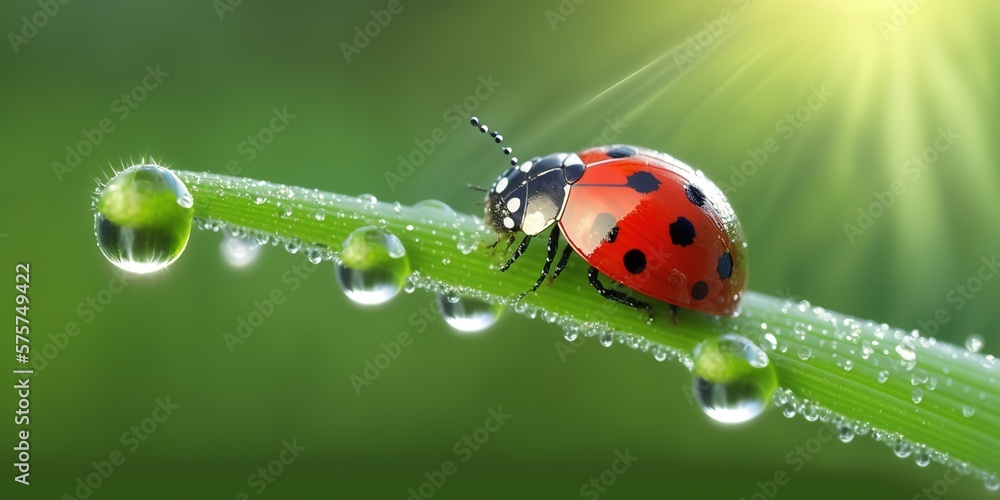 Ladybug crawling on a wet blade of grass on a green background, generative AI Ladybug crawling on a wet blade of grass on a green background, generative AI