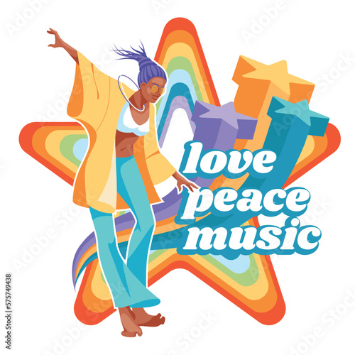 hippie girl dancing on the background of rainbow stars. Groovy, love, peace lifestyle concept. Isolated on white background. Vector flat illustration
