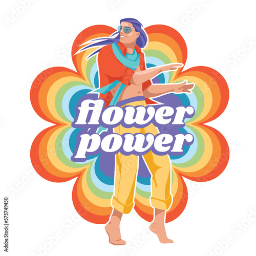 happy dancing hippie on rainbow flower. Fun way of life, love and peace. Isolated on white background. Vector flat illustration