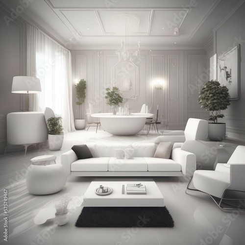 Contemporary classic white beige interior with furniture and decor. 3d render illustration mockup - generative ai
