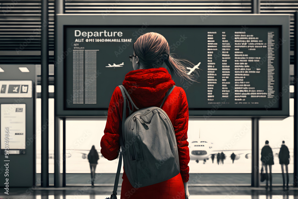 Female tourist with red jacket carry a backpack looking at flight schedules for checking take off time. Single woman travel or backpacker theme. Back view portrait. AI generative - obrazy, fototapety, plakaty 