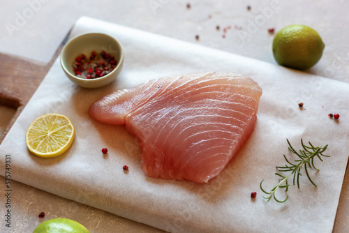 Cooking of raw piece of tuna albacore photo
