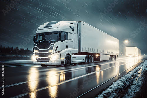 White big rig long haul semi truck with turned on headlights, transporting commercial cargo, driving at high speed at night, in raining weather. AI generative