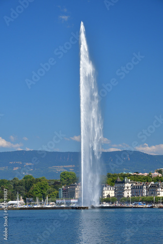 Switzerland, Geneva. Jet d'Eau (Water-Jet) on Lake Geneva. August 16, 2022.