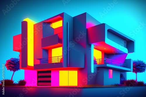Exterior of a modern house. Dark room interior, colorful neon, interior lighting in a modern style, game zone. Abstract neon background. 3D illustration - generative ai