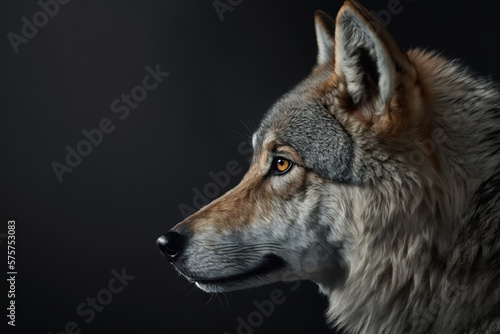 Closeup portrait of a brown Canis Lupus Wolf looking away. Generative AI