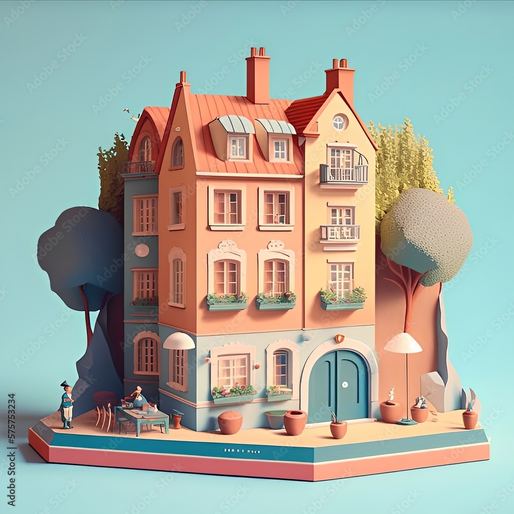 The 3D animated illustration of European style house is set in a beautiful miniature world and is brought to life through beautiful illustrations and 3D animation. Cute and playful architecture.