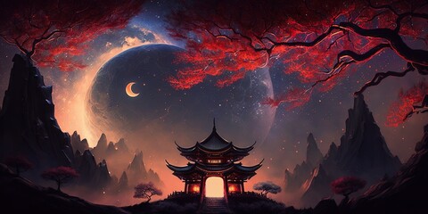 Fotobehang Cappuccinokleur fantasy landscape mountains, chinese japanese temple, generative ai, generative, ai  © Rachel Yee Laam Lai