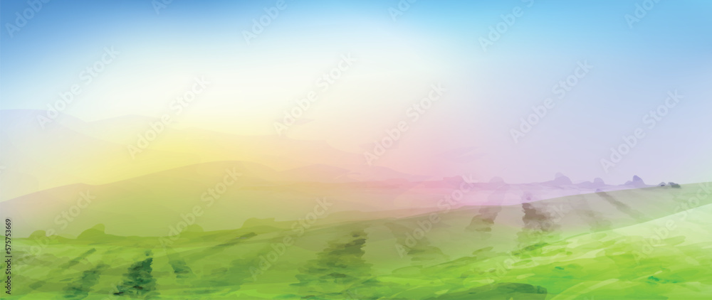 Tea fields landscape. Vector illustration of tea plantation with watercolor design elements.