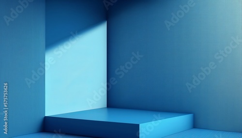 Foto 3D abstract blue background of an empty corner of the room with falling light from the window on the podium for presentations