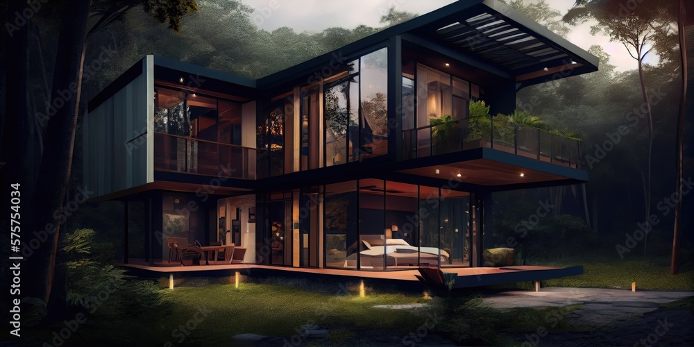 Modern house with panoramic windows on the jungle. Modern jungle house design. Modern architecture. jungle house. Generative AI. Modern house with panoramic windows on the jungle. Modern jungle house design. Modern architecture. jungle house. Generative AI.