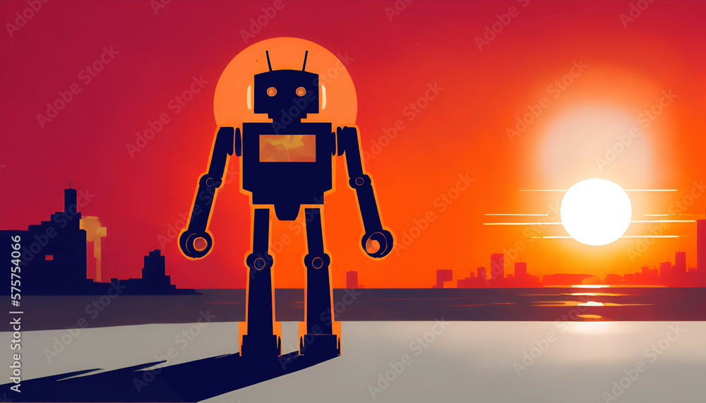 retro futuristic robot android picture at sunset sunrise background new quality universal colorful joyful technology stock image illustration design generative ai retro futuristic robot android picture at sunset sunrise background new quality universal colorful joyful technology stock image illustration design generative ai