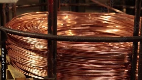 Industrial wire, Wire forming, Cable factory. Industrial plant, copper wire and cable are made, cable is produced in coils, coils of copper wire.