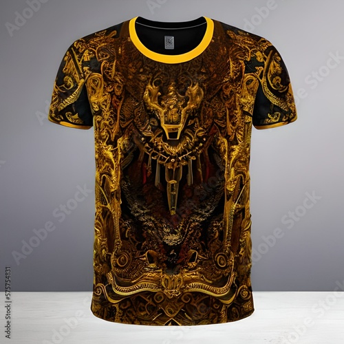 A T-shirt with the print 'Onakal aka Cedric' depicts a large amber wall presenting a strange and apocalyptic scene. The image may feature various elements such as bizarre creatures, mysterious symbols photo