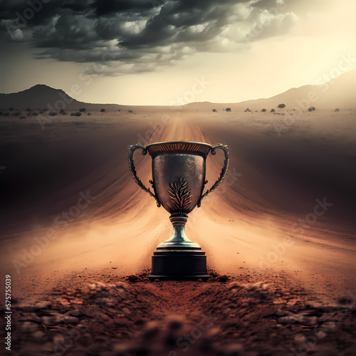 trophy cup with dirty road background. Generative AI