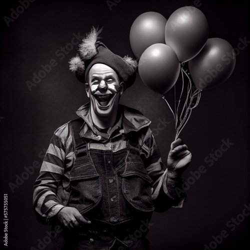 portrait of a clown holding baloons