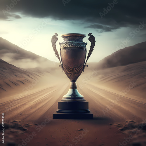 trophy cup with dirty road background. Generative AI
