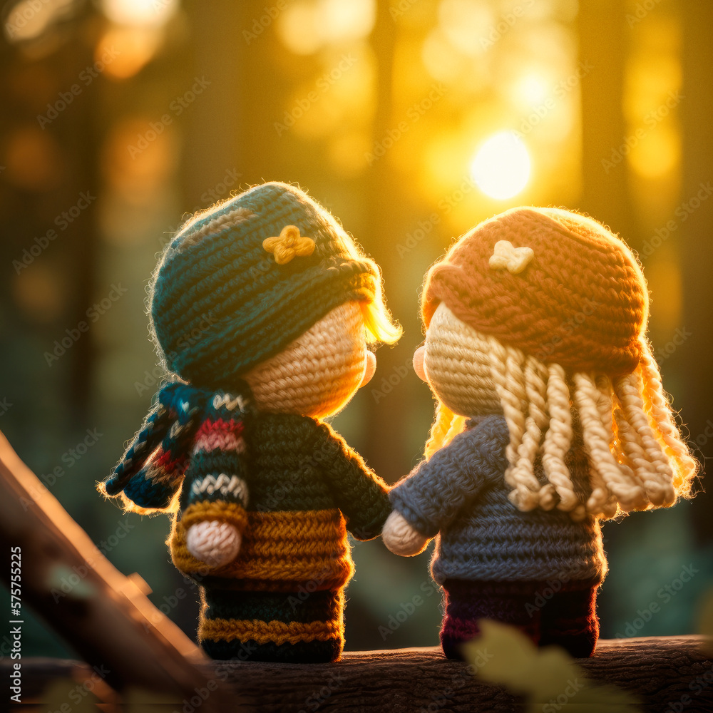 a couple of girls in love at sunset in the forest, amigurumi Generative AI