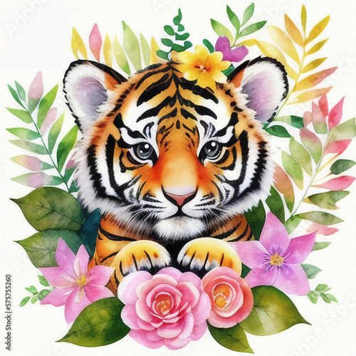 a watercolor painting of cute little tiger surrounded by flowers and leaves  ai generated