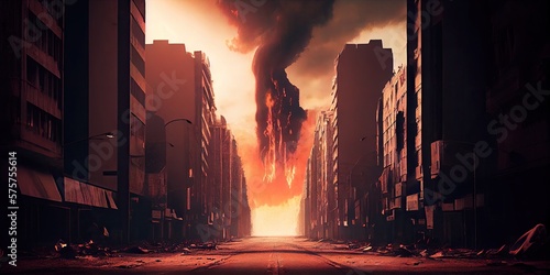Burned out city street with no one on it, flames on the ground, and distant explosions of smoke. Apocalyptic perspective. Generative AI.
