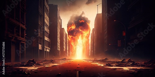 Burned out city street with no one on it, flames on the ground, and distant explosions of smoke. Apocalyptic perspective. Generative AI.