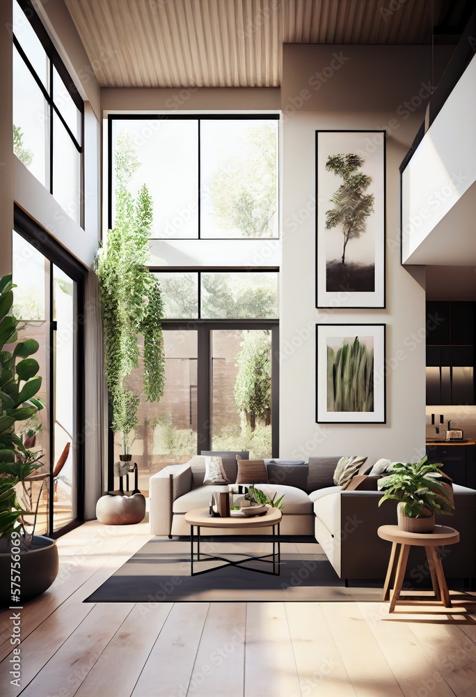 Fototapeta premium Home style interior with contemporary living room, natural light, neutral color scheme with earth tones, contemporary furniture and greenery for a natural element.