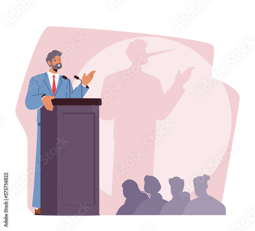 Male Character Liar with Long Nose Shade on Wall Stand On Podium Addressing A Crowd. Dishonesty, Manipulation