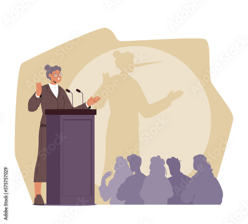 Deceitful Female Character Stand On Podium Or Tribune, Likely Giving A Speech Or Addressing An Audience