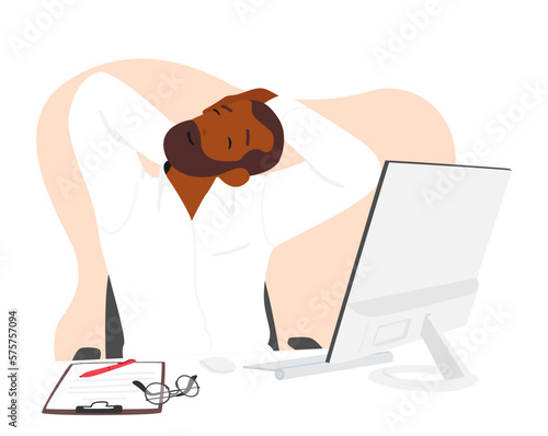 Office Scene Featuring Male Character Workout, Stretch Spine and Neck Sitting at Desk. Concept of Physical Activity