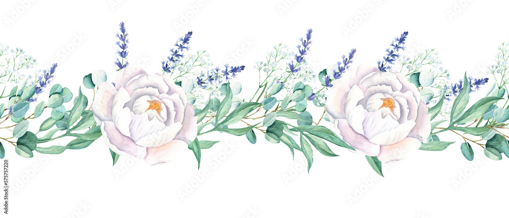 Horizontal watercolor floral seamless border pattern. Pink and white peonies, eucalyptus, lavender, gypsophila. Hand drawn botanical illustration. Can be used for fabric, packaging prints, frames