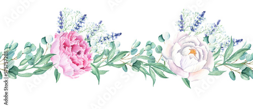 Horizontal watercolor floral seamless border pattern. Pink peonies, eucalyptus, lavender, gypsophila. Hand drawn botanical illustration. Can be used for fabric, packaging prints, frames, adhesive tape