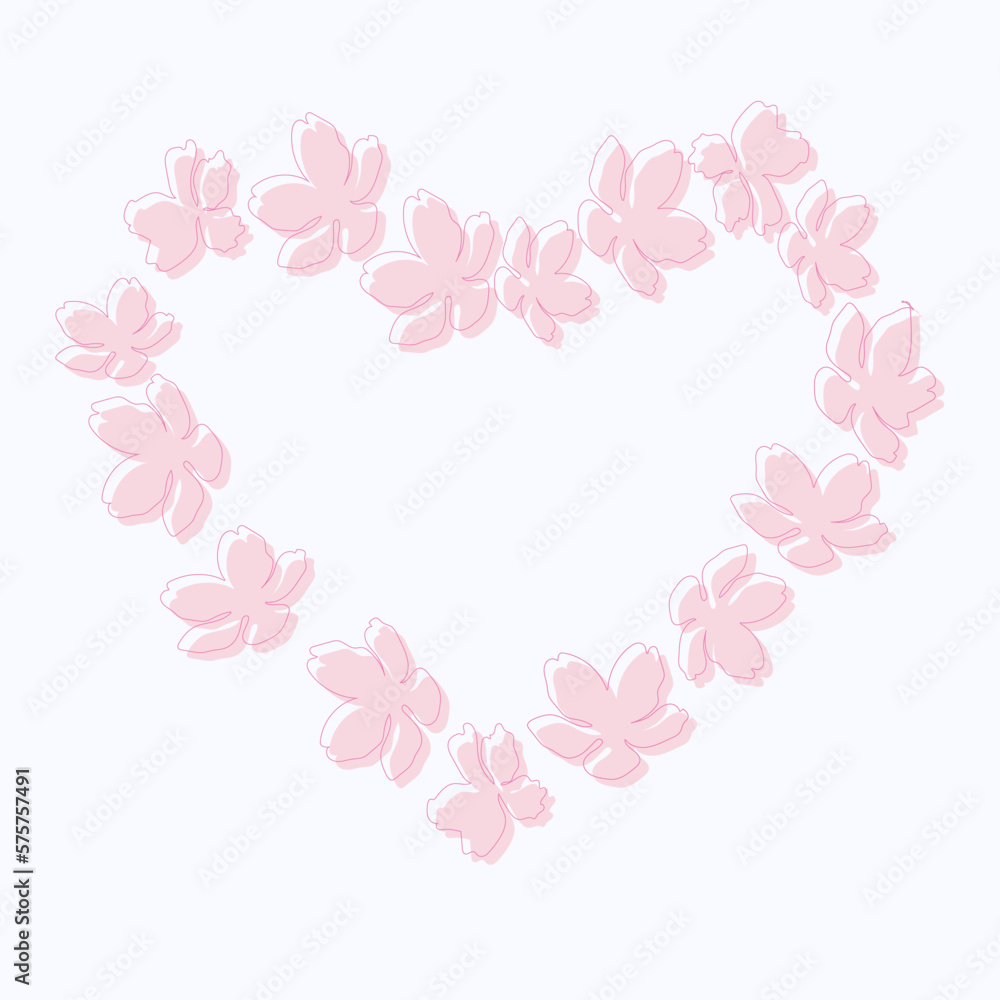 Vector heart frame of pink sakura flowers .Elements of line art .Invitation , greeting card 