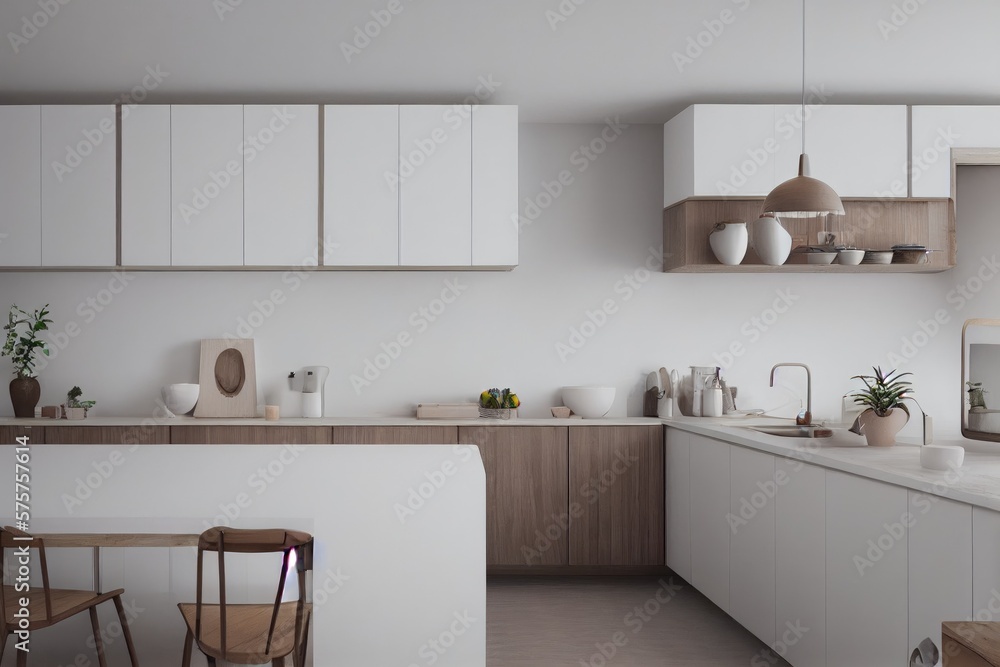 White Sustainable Clean Spring Kitchen with Beige Home Decor Made with Generative AI White Sustainable Clean Spring Kitchen with Beige Home Decor Made with Generative AI
