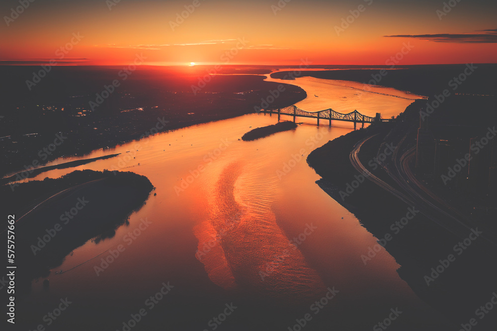 Hudson River on sunset, aerial view. Hudson river in mountains at Hudson Highlands State Park. Lake in mountainside. Nature landscape. River in mountains and rocks. Ai Generative illustration.