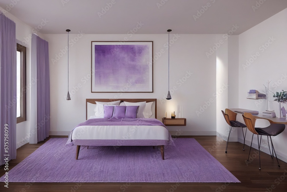 White and Lavender Sustainable Modern Bedroom Interior with