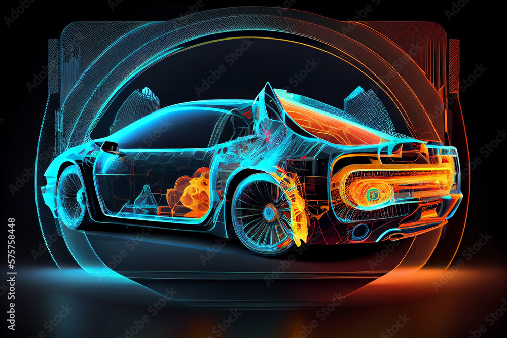 Smart car isometric hologram, in HUD style. Electric auto. Hologram car in low poly style, wireframe in line in the form of a starry sky or space. Smart auto. Virtual graphical interface HUD.