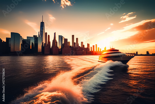 Hudson River in Manhattan, New York on sunset. Manhattan Skyline. NYC Boat Tour and Cruise sailing on Hudson river. Cityscape skyline with buildinds and skyscrapers. Ai Generative illustration.