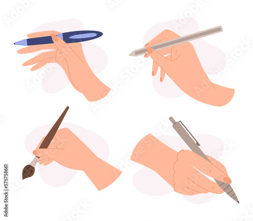 Human Hand Holding Pencil  Pen  Stylus And Paintbrush. Concept Of Back To School  Creativity  Art Classes
