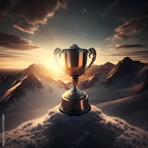 gold cup trophy with Snow Mountain Background. Generative AI