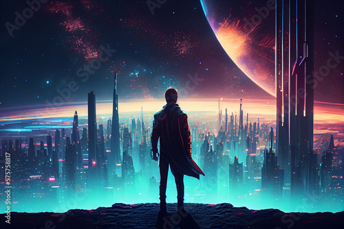 Cyberpunk avenger standing on top of the building and looking at cityscape. man stands on top of futuristic city photo
