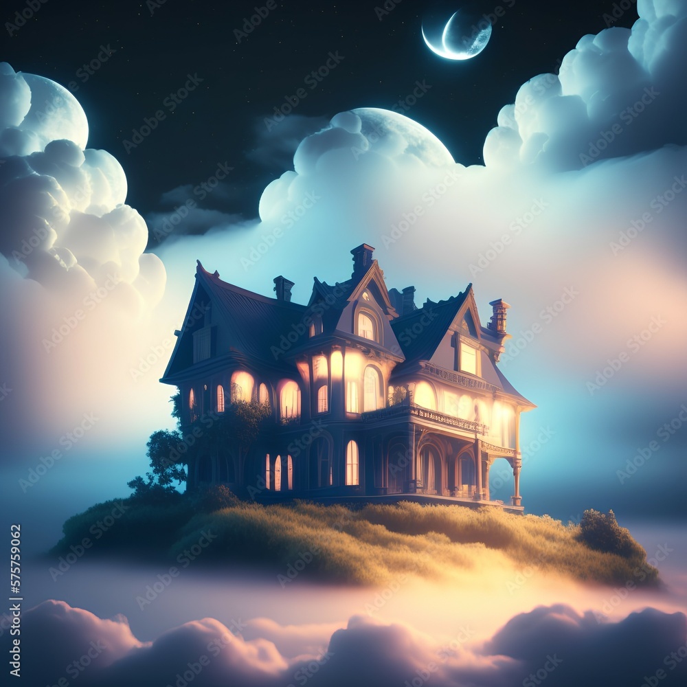 House on clouds in moonlight, wallpaper background - generative ai