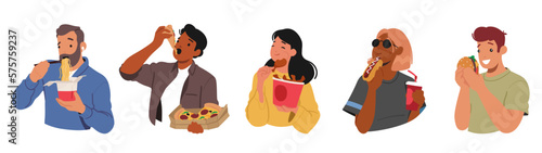Set Of Male And Female Characters Unhealthy Eating Habits. Men And Women Indulging In Fast Food, Burger, Fries